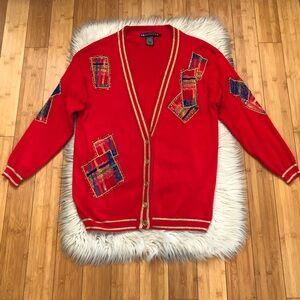 Vintage I.B. Diffusion Patchwork Beaded Slouchy Gold Trim Red Cardigan Sweater L